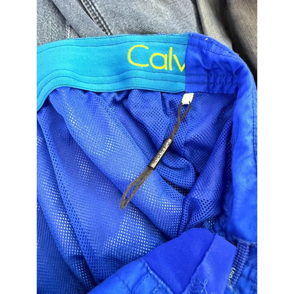Calvin Klein Men Blue Stripe Swim Trunks Board Shorts Elastic Waist Drawstring‎